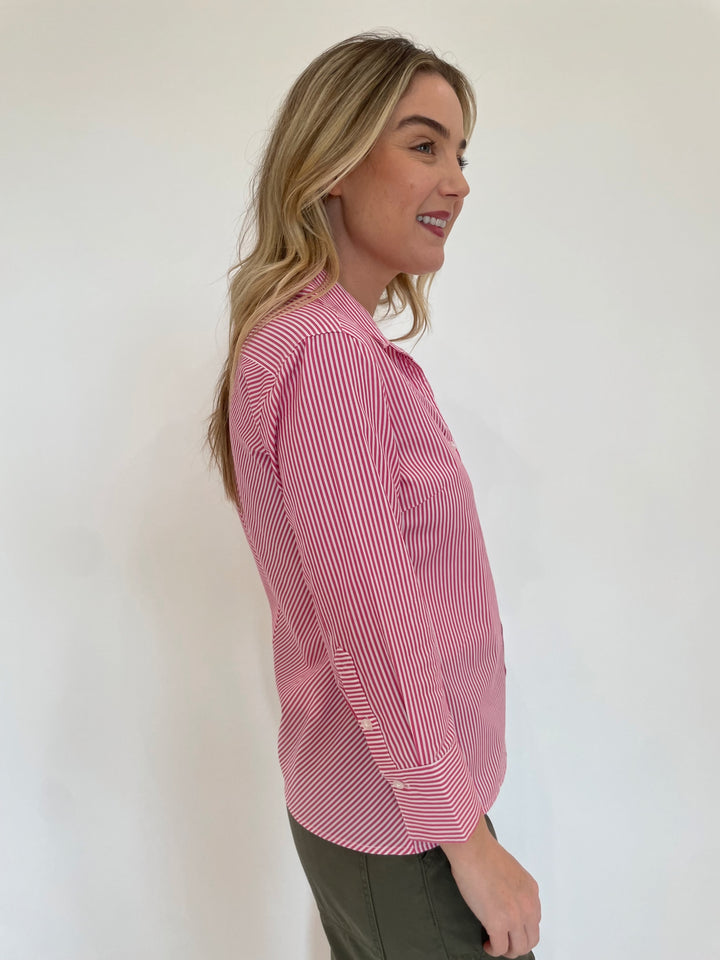 BK Page 3/4 Sleeve Stripe Button Down Shirt in Pink available at Barbara Katz