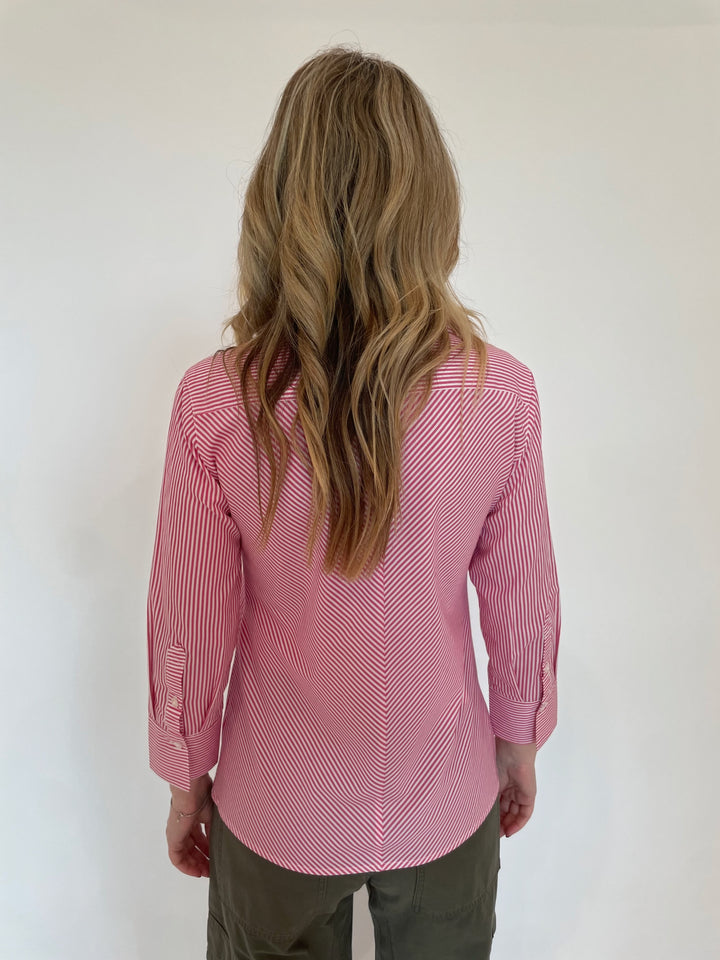 BK Page 3/4 Sleeve Stripe Button Down Shirt in Pink available at Barbara Katz