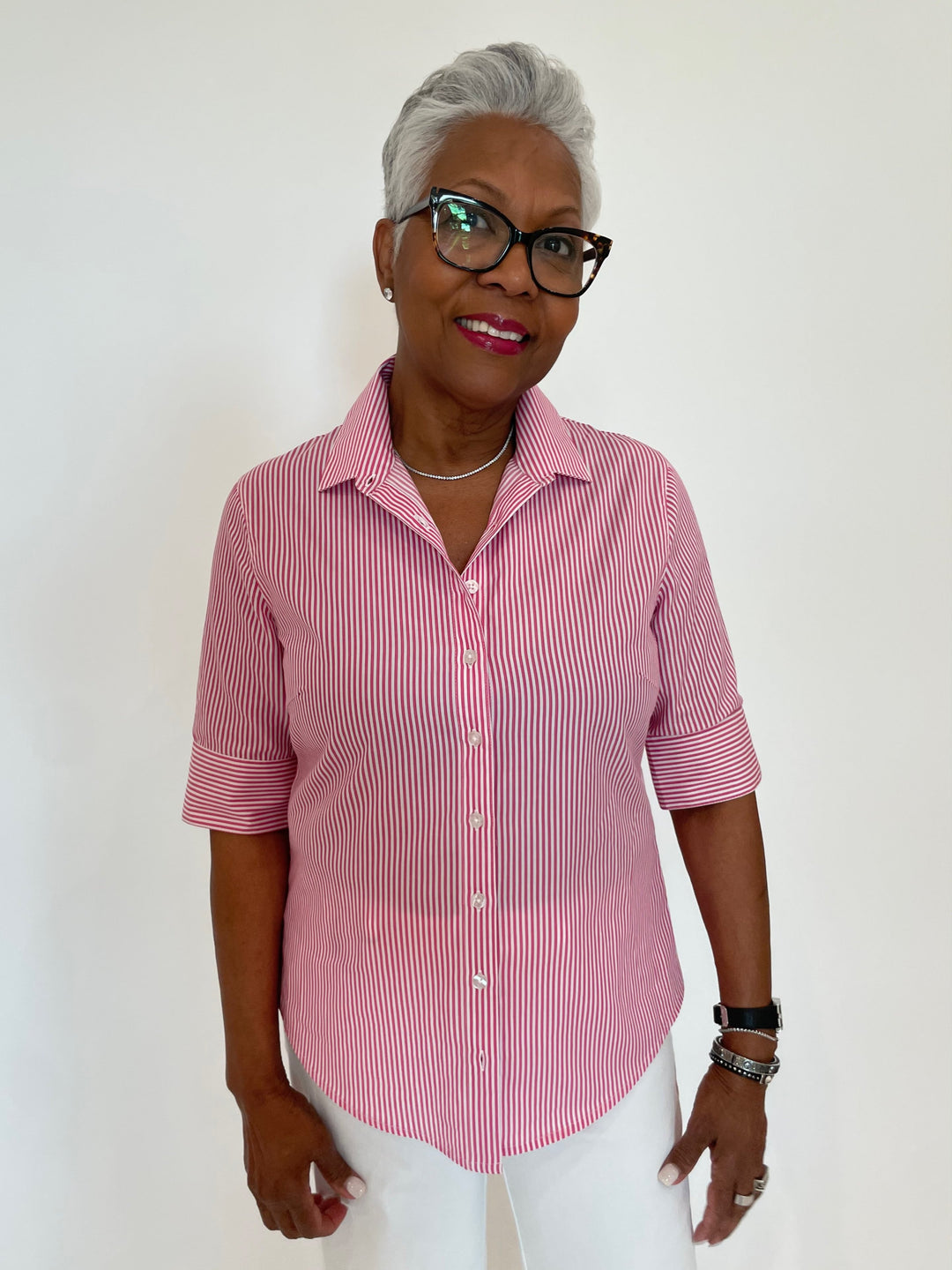 BK Salty Short Sleeve Stripe Button Down Shirt in Pink available at Barbara Katz