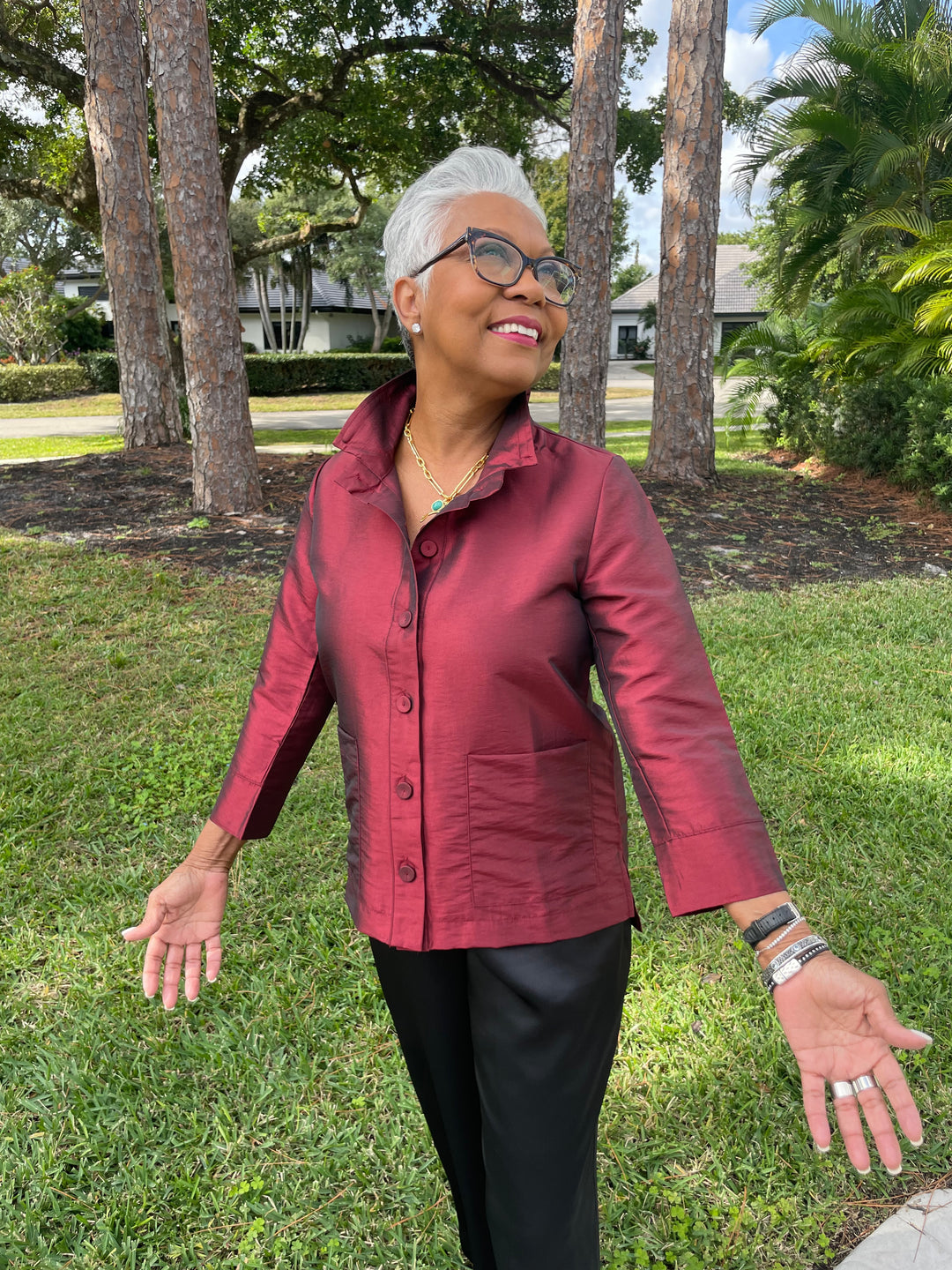 Terra Taffeta Satin 3/4 Sleeve Holiday Shirt in Red with Lizzie Fortunato Murano Heart Necklace available at Barbara Katz