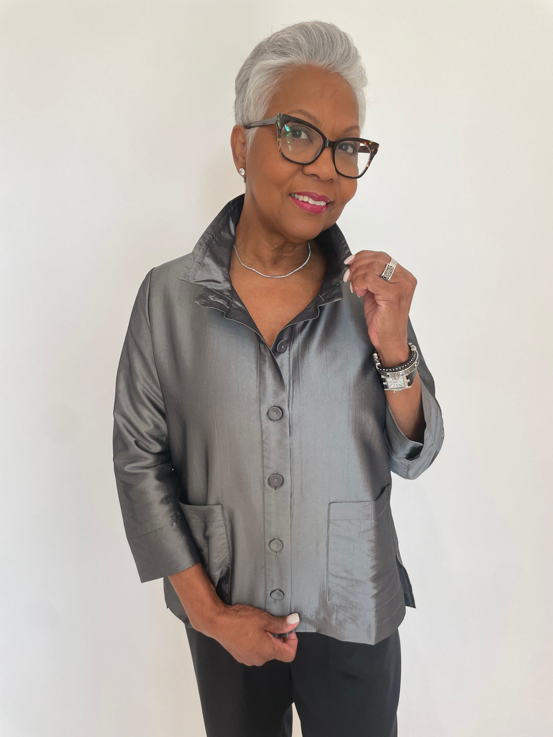 Terra Taffeta Satin Holiday Shirt in Silver available at Barbara Katz