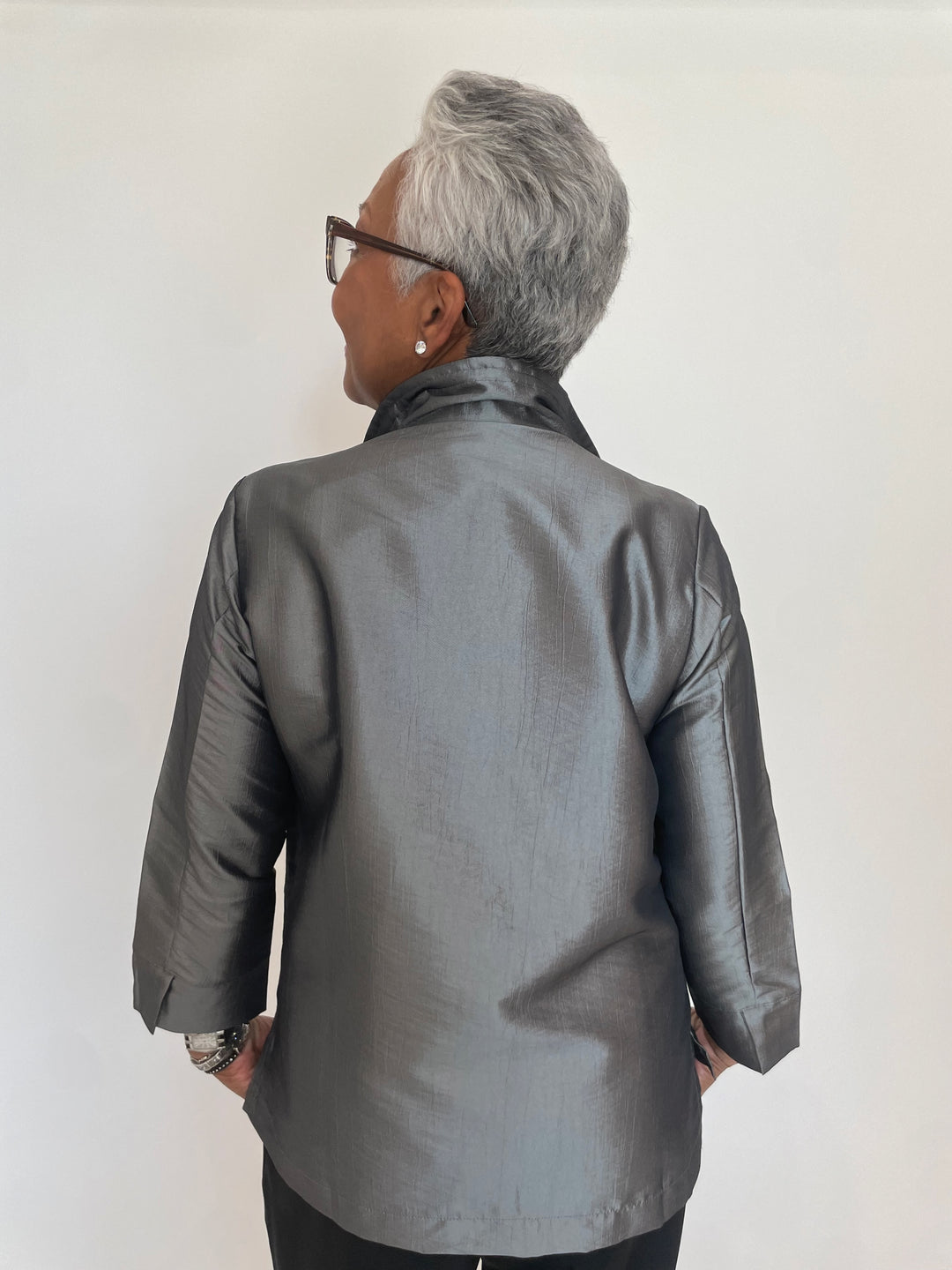 Terra Taffeta Satin Holiday Shirt in Silver available at Barbara Katz