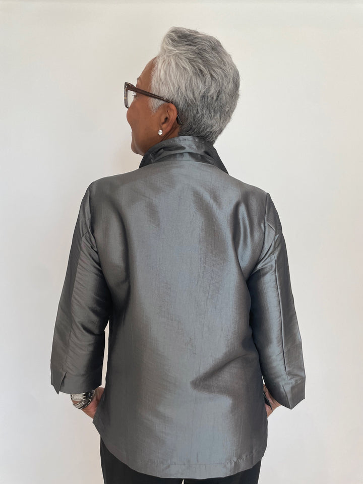 Terra Taffeta Satin Holiday Shirt in Silver available at Barbara Katz