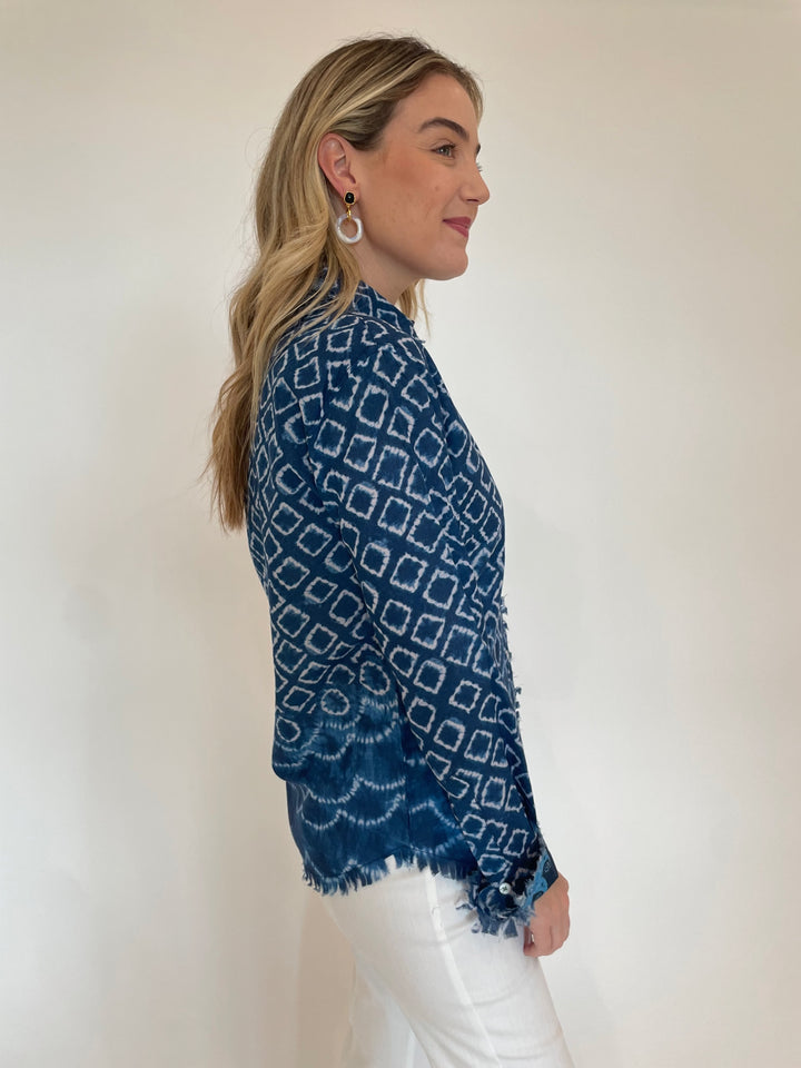 Dizzy-Lizzie Cape Cod Long Sleeve Shirt in Navy White Ikat Print with Lizzie Fortunato Madeira Glass Earrings in Mist available at Barbara Katz