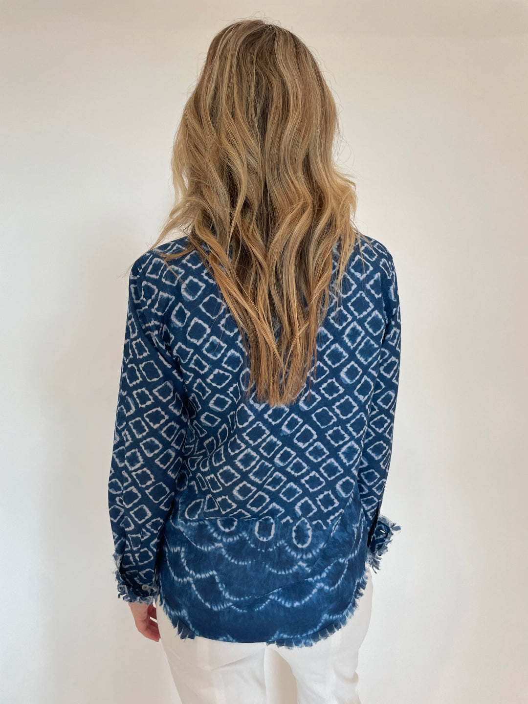 Dizzy-Lizzie Navy White Ikat Print Cape Cod Shirt available at Barbara Katz