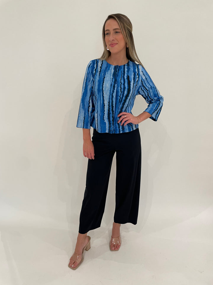 Pashma Blue Contoured Lines Jacket paired with Raffaello Rossi Sally 7/8 High Tech Jersey Pants in Marine, BK Bianca Puffy Earrings in Silver - all available at Barbara Katz