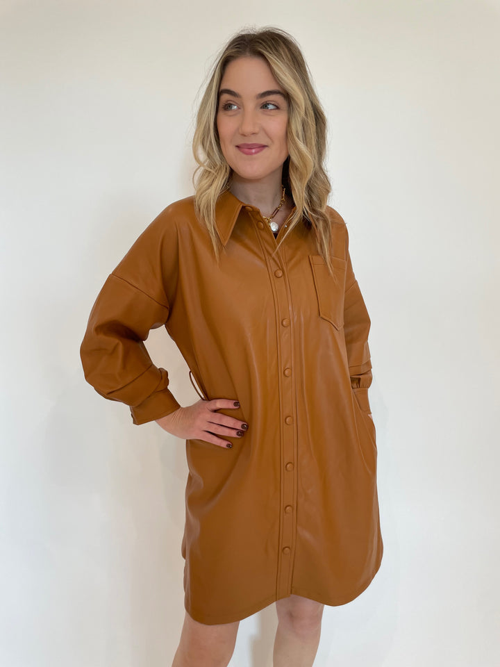 BK Sierra Vegan Leather Shirt Dress in Burnt Orange available at Barbara Katz