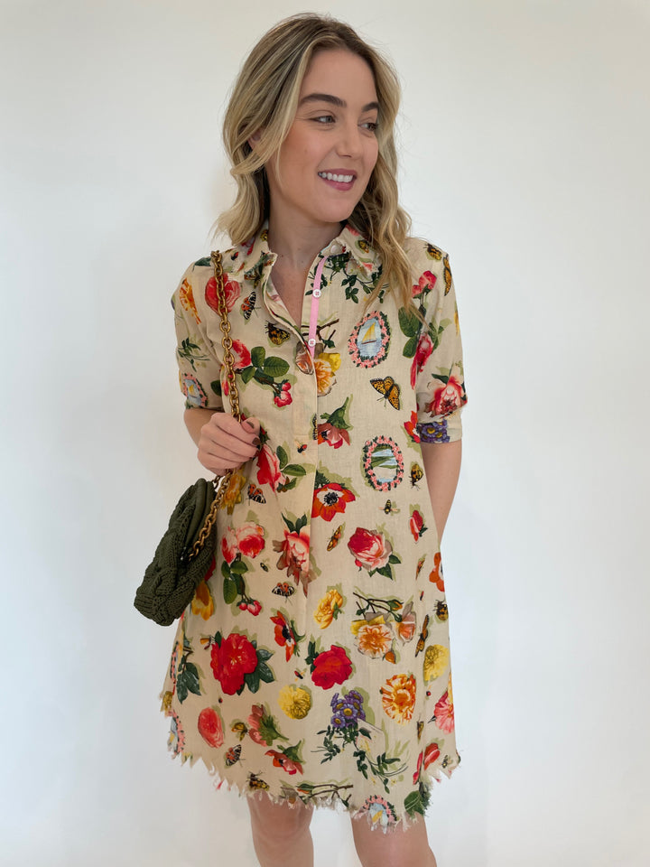 Dizzy-Lizzie Chatham Dress in Botanical Print with Noam Hazan Jade Bag in Black available at Barbara Katz