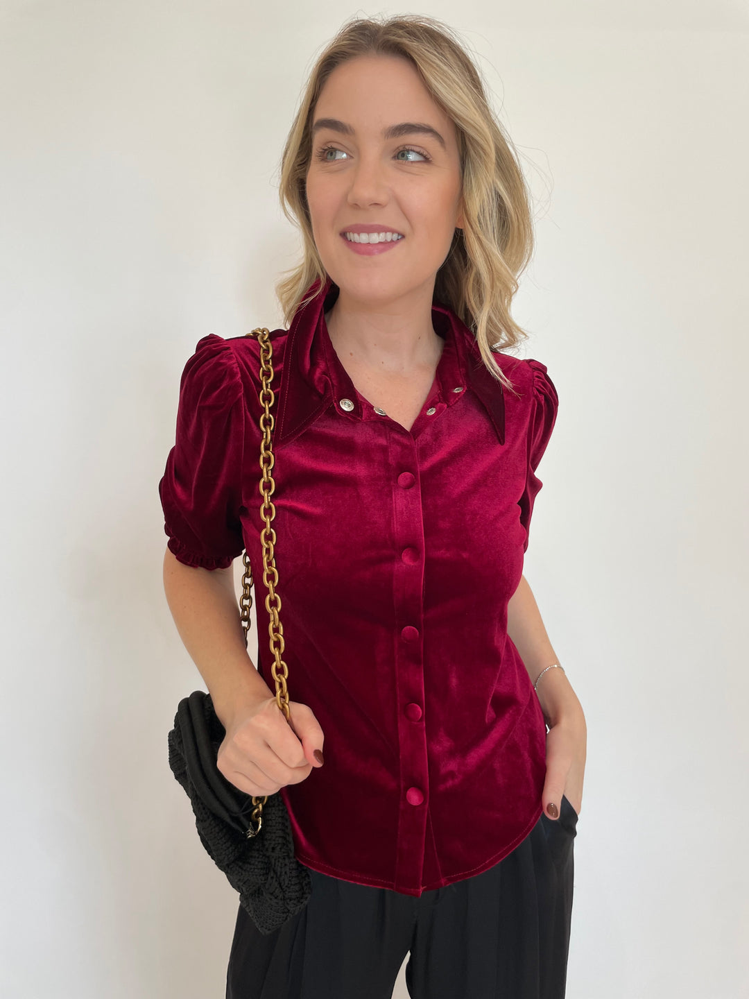 BK Mina Velvet Puff Sleeve Shirt in Deep Red with Noam Hazan Jade Bag in Black available at Barbara Katz