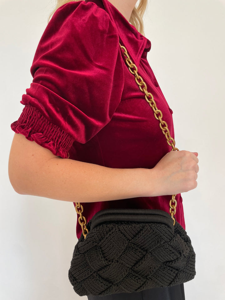 BK Mina Velvet Puff Sleeve Shirt in Deep Red with Noam Hazan Jade Bag in Black available at Barbara Katz