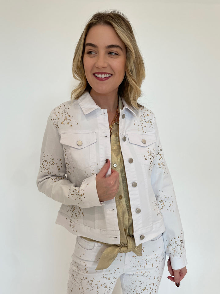 BK Misty Spotted Denim Jacket in White available at Barbara Katz