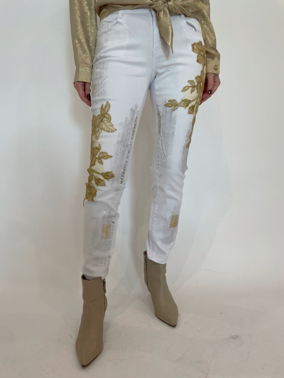 BK Toutsie Gold Flower Denim in White/Gold available at Barbara Katz