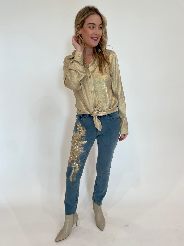 BK Connie Long Sleeve Shirt in Gold paired with BK Lilly Sequin Flowers Denim Jeans available at Barbara Katz