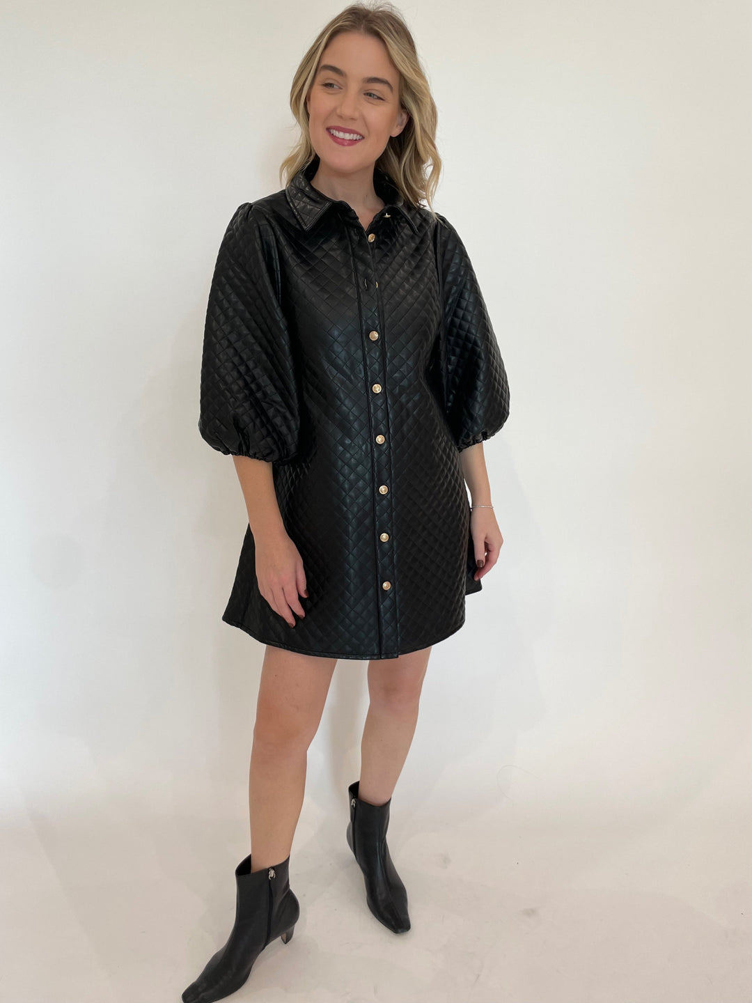 BK Maya Quilted Vegan Leather Shirt Dress in Black available at Barbara Katz