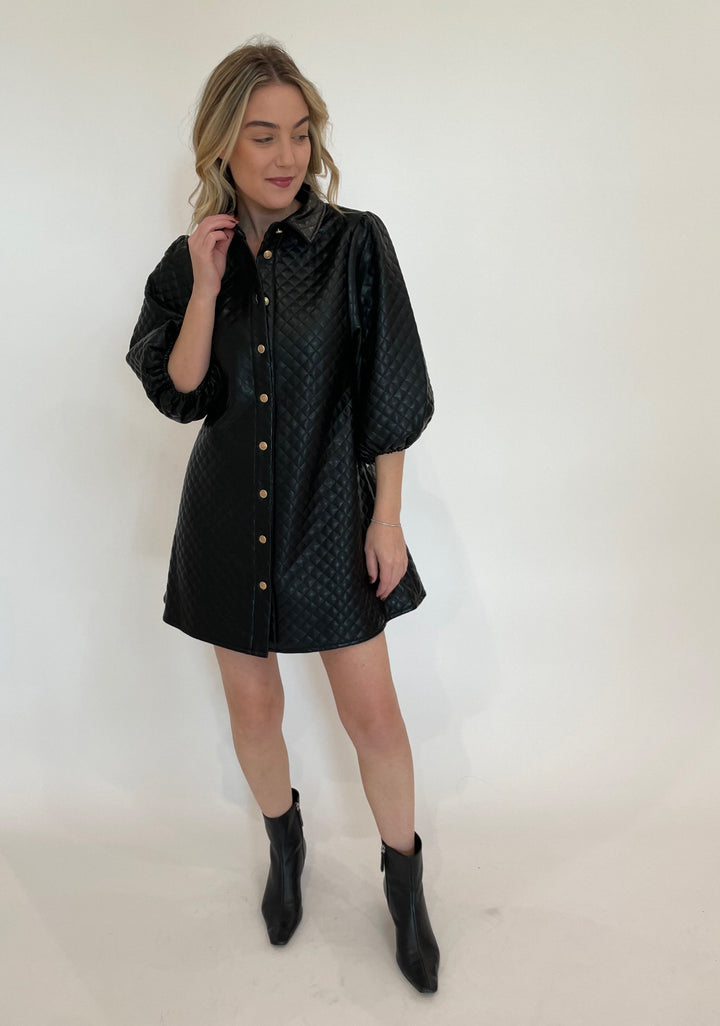 BK Maya Quilted Vegan Leather Mini Dress in Black available at Barbara Katz