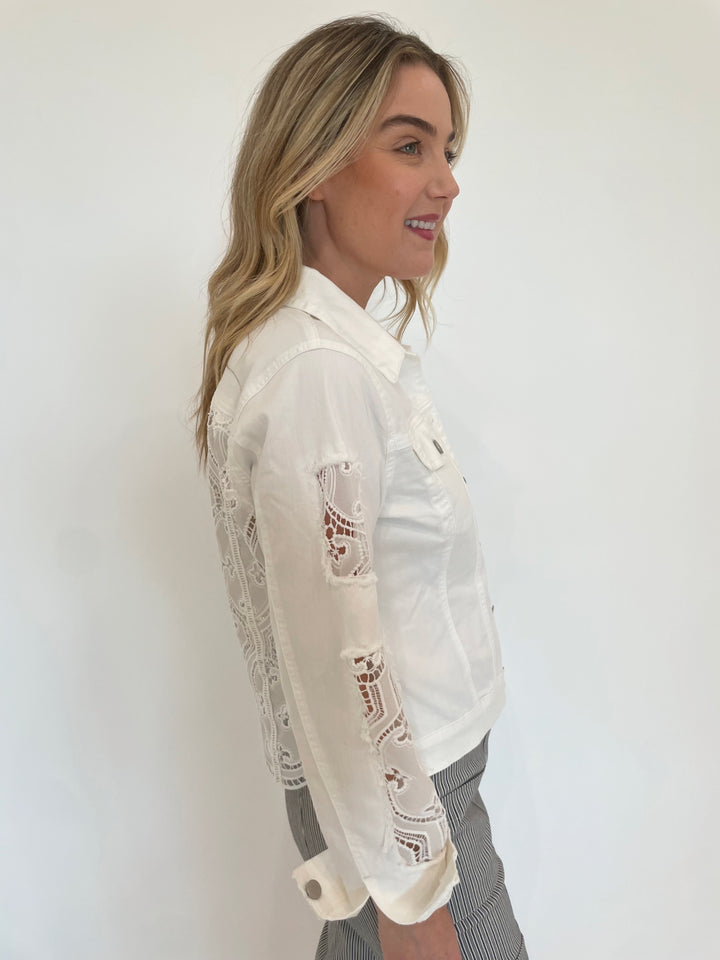 BK Gina Lace Long Sleeve Denim Jacket in White available at Barbara Katz