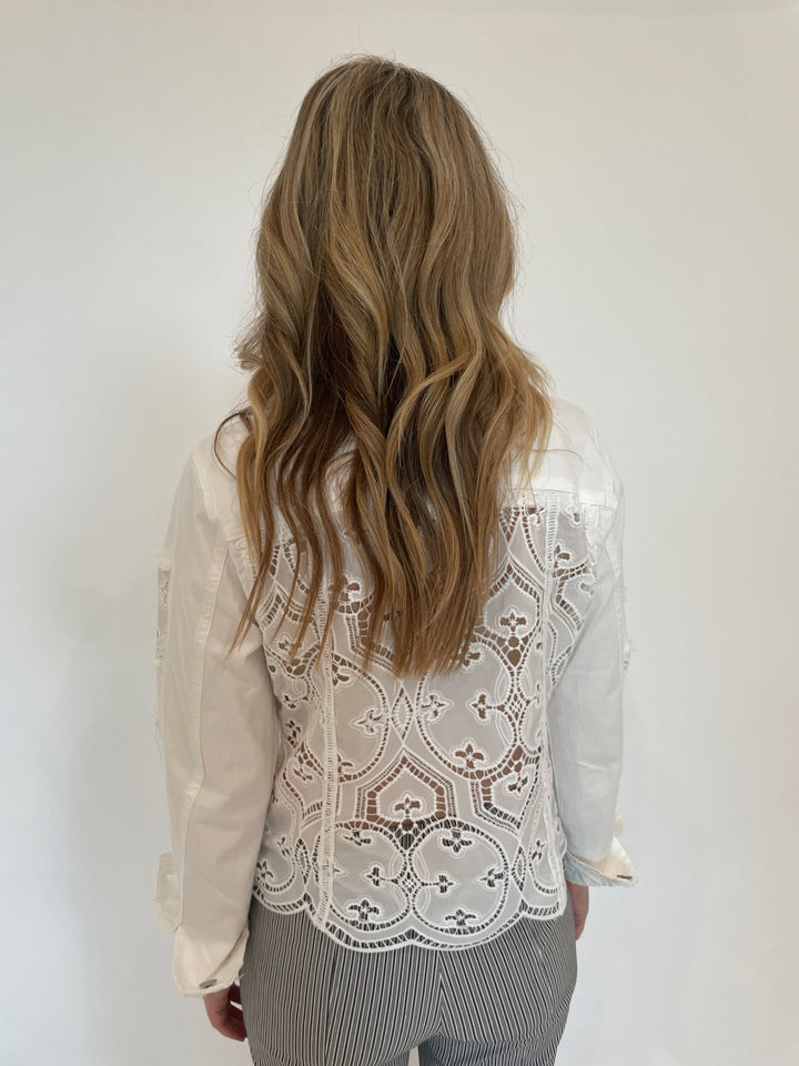 BK Gina Lace Denim Jacket in White available at Barbara Katz