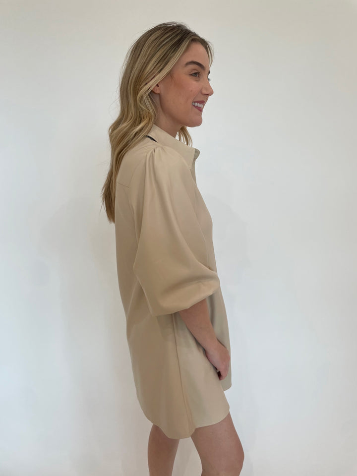 BK Anya Vegan Leather 3/4 Sleeve Shirt Dress in Creme available at Barbara Katz