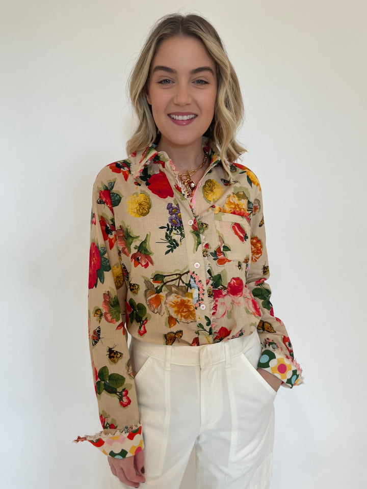 Dizzy-Lizzie Cape Cod Frayed Shirt in Botanical Print available at Barbara Katz