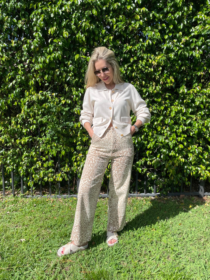 Repeat Cotton Viscose Cardigan in Ivory paired with Mother Denim The Major Zip Ankle Pants in Spot On Leopard print available at Barbara Katz