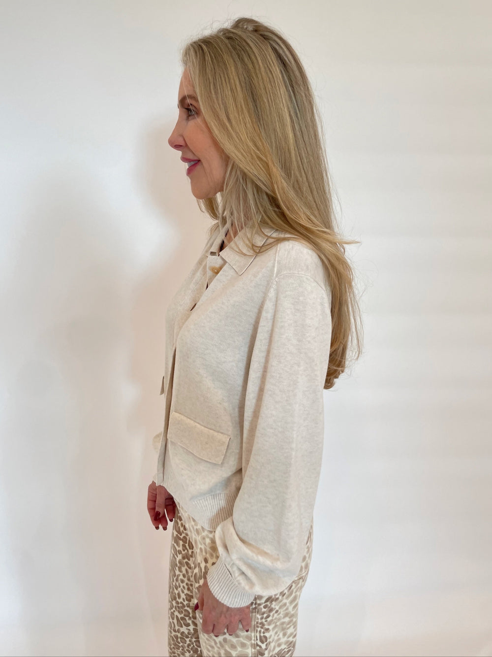 Repeat Cashmere Cotton Viscose Long Sleeve Cardigan in Ivory available at Barbara Katz