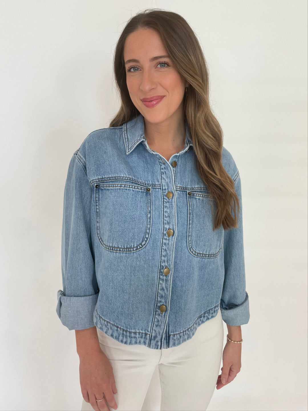 Repeat Cashmere Soft Cropped Denim Jacket in Denim Blue available at Barbara Katz