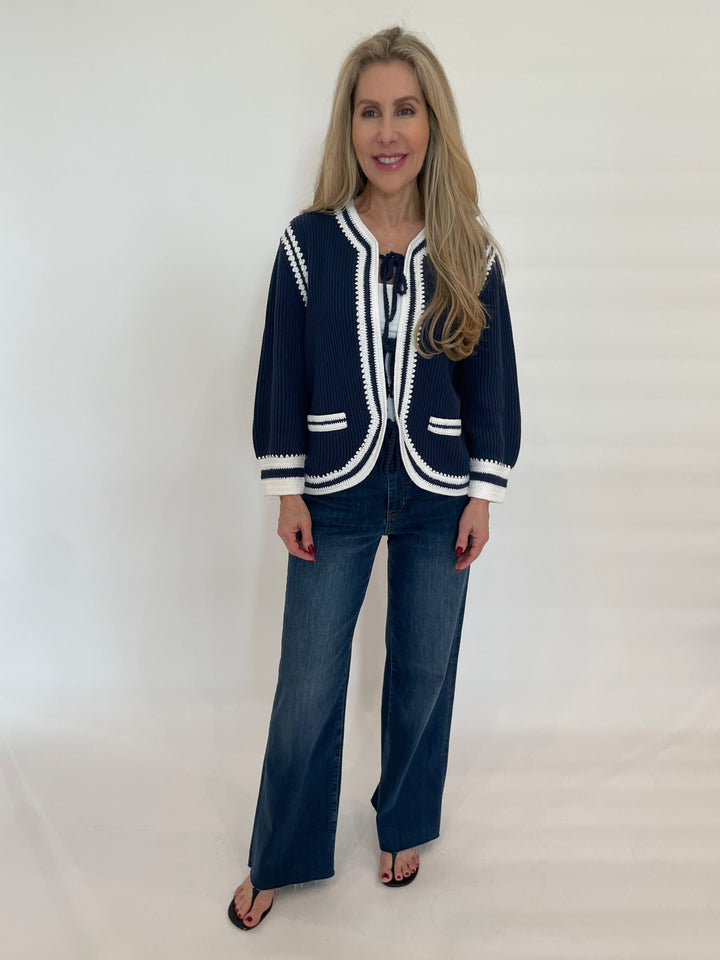 Repeat Cashmere Tie-Front Cotton Cardigan in Marine paired with Frame Denim Le Slim Palazzo Raw After Jeans in Lupine available at Barbara Katz