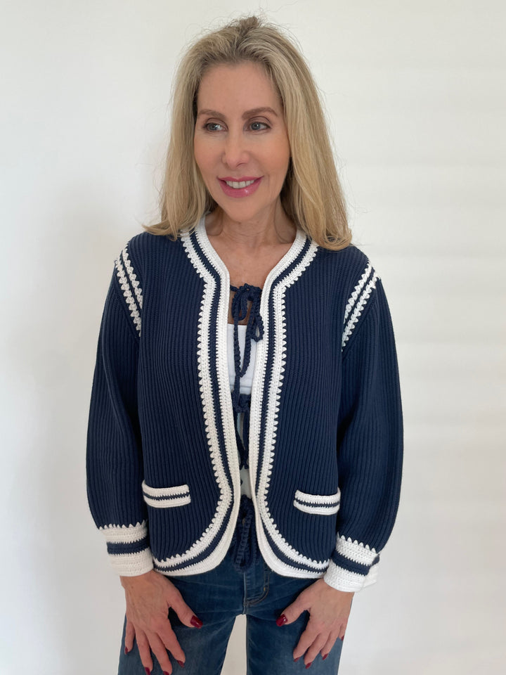 Repeat Tie-Front Cotton Cardigan in Marine available at Barbara Katz