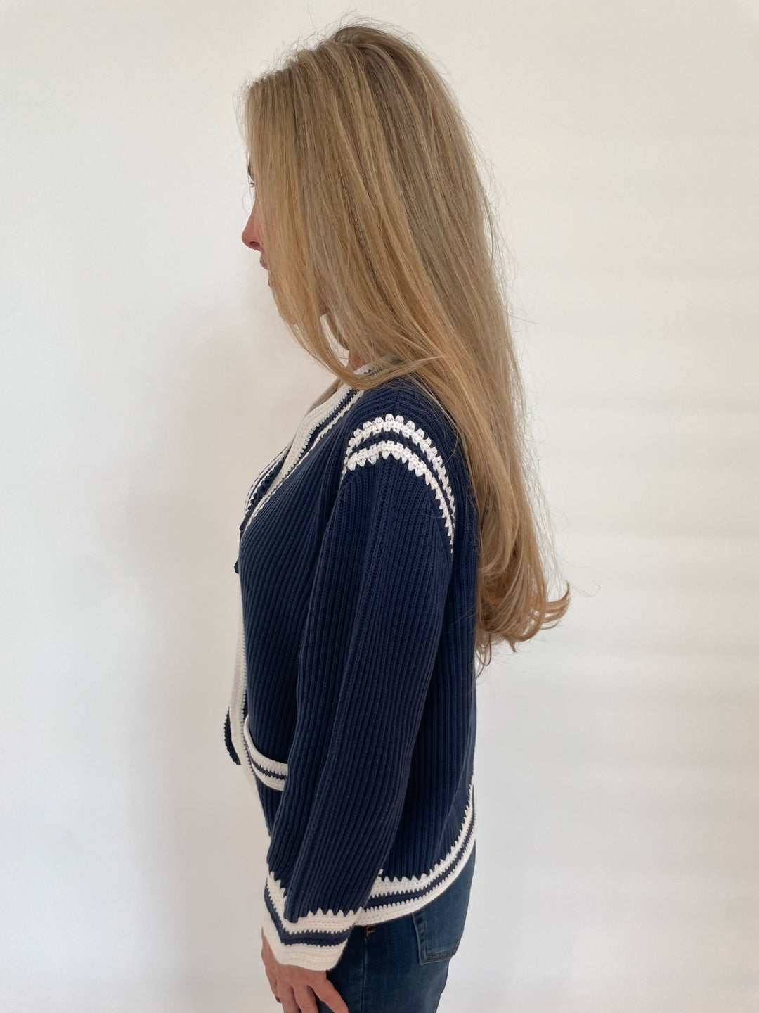 Repeat Cotton Long Sleeve Cardigan in Marine available at Barbara Katz