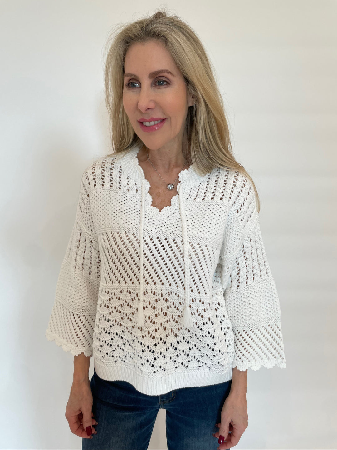 Repeat Ajour Pullover Sweater With Crochet Details in White available at Barbara Katz