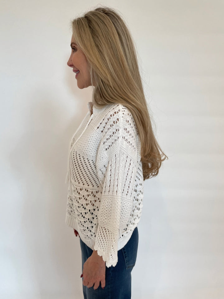 Repeat Ajour Pullover Sweater With Crochet Details in White available at Barbara Katz