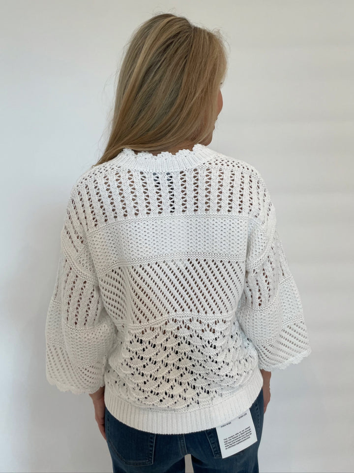 Repeat Ajour Pullover Sweater With Crochet Details in White available at Barbara Katz