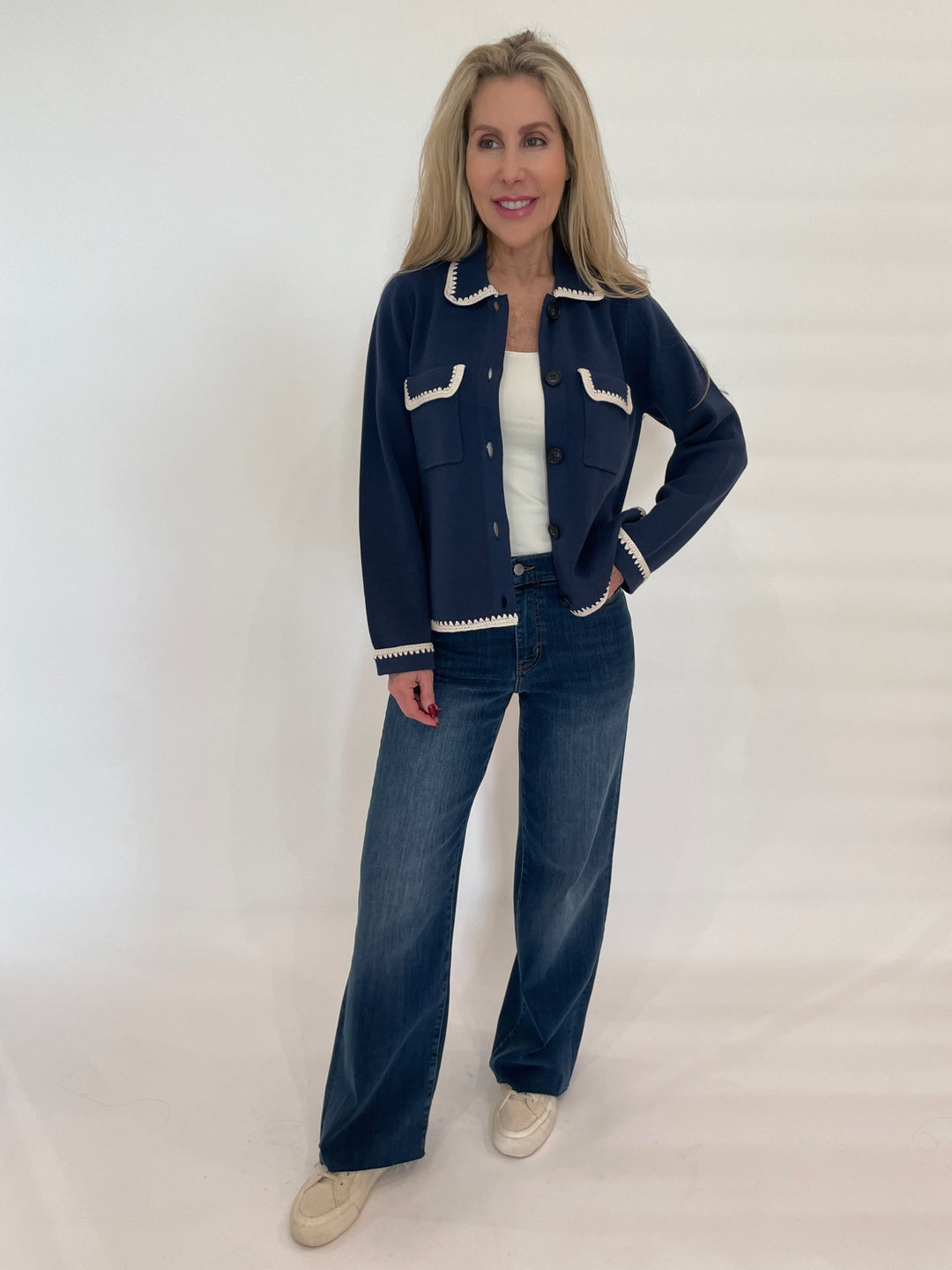 Repeat Collared Cardigan With Crochet Details in Marine paired with Frame Denim Le Slim Palazzo Raw After Jeans in Lupine available at Barbara Katz