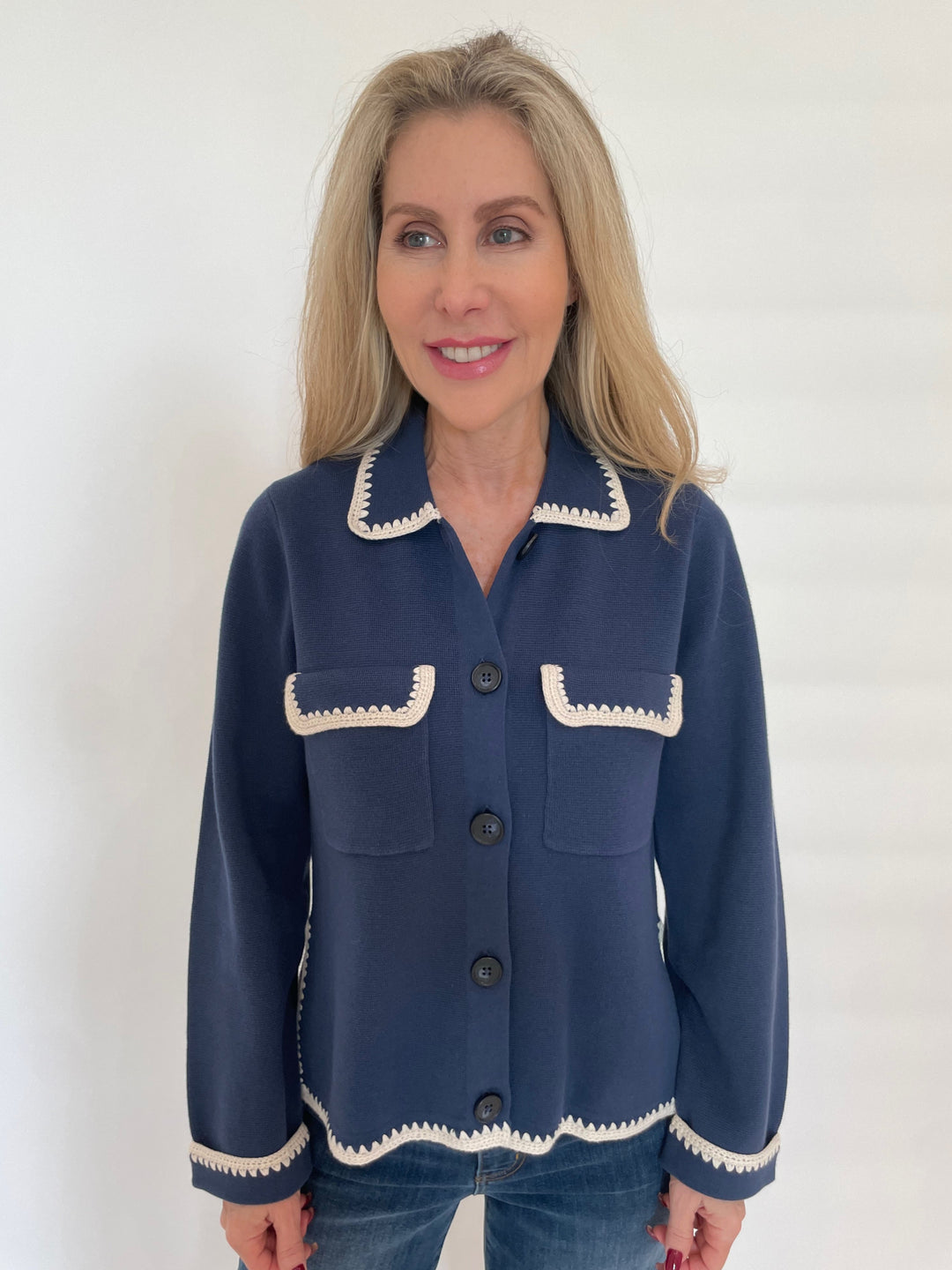 Repeat Collared Cardigan With Crochet Details in Marine available at Barbara Katz