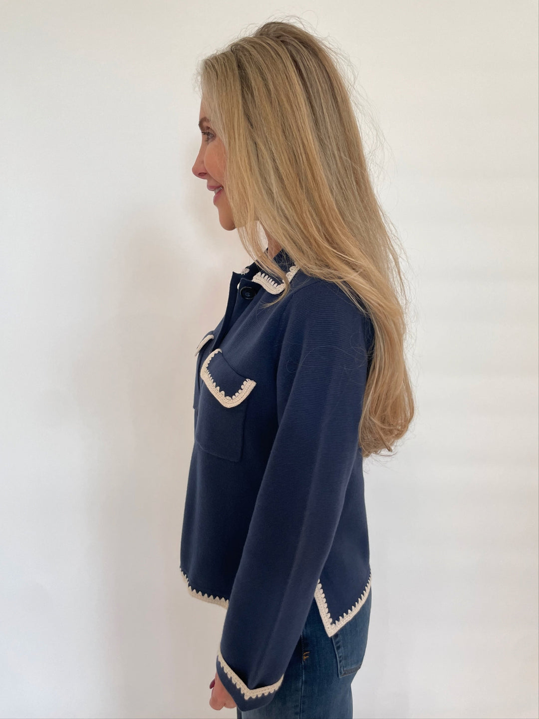 Repeat Long Sleeve Collared Cardigan With Crochet Details in Marine available at Barbara Katz