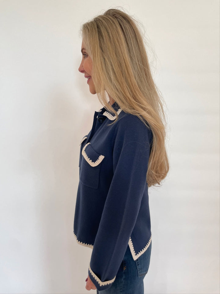 Repeat Long Sleeve Collared Cardigan With Crochet Details in Marine available at Barbara Katz