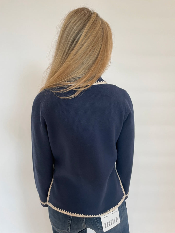 Repeat Collared Cardigan With Crochet Details in Marine available at Barbara Katz