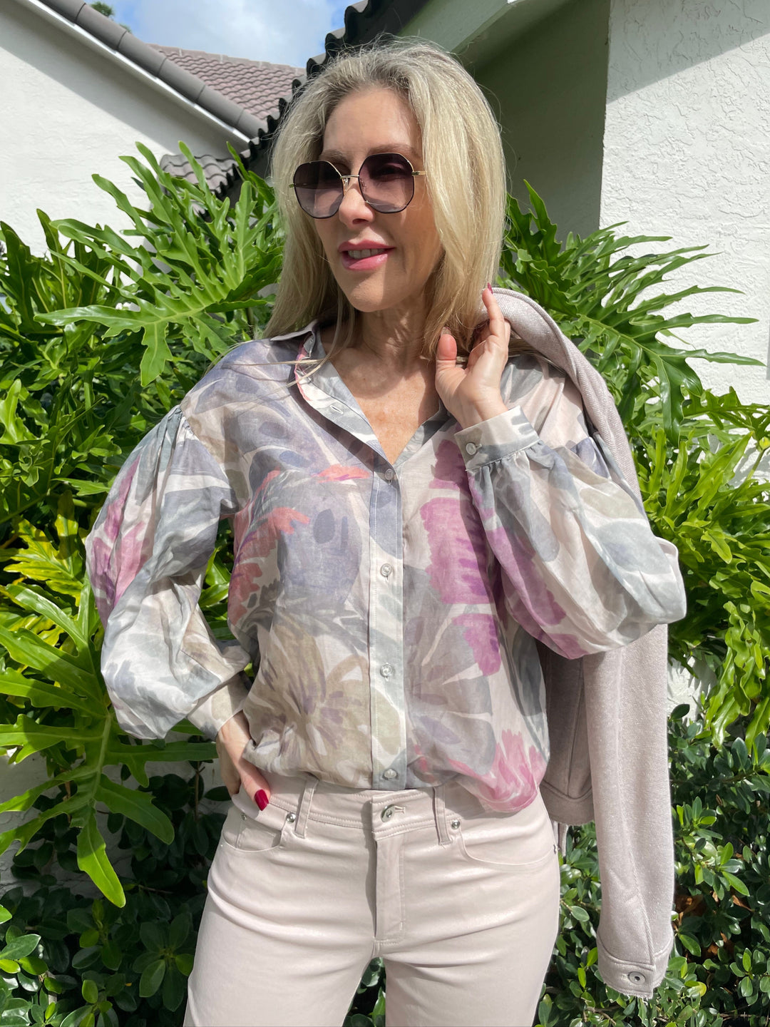 Lola & Sophie Palm Leaf Blouse in Beige with Jessie Sparkle French Terry Jacket in Pink available at Barbara Katz