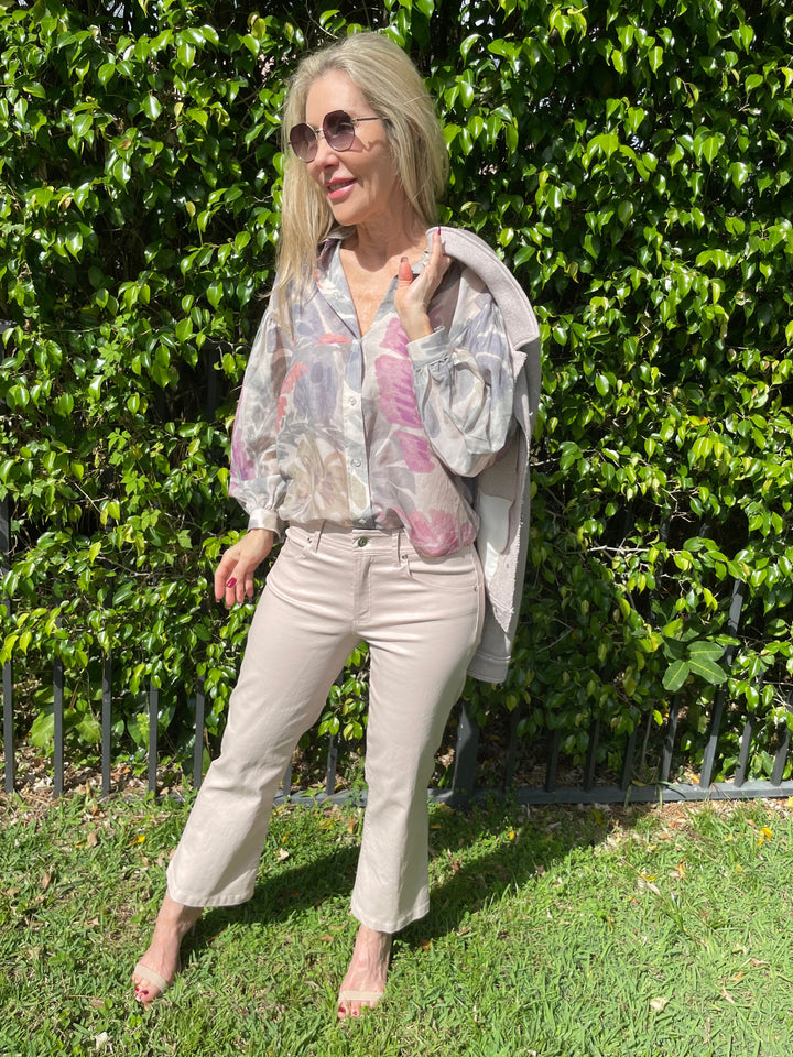 Lola & Sophie Palm Leaf Blouse in Beige  paired with Lola & Sophie Lizzie Foil Denim Pants in Pink available at Barbara Katz