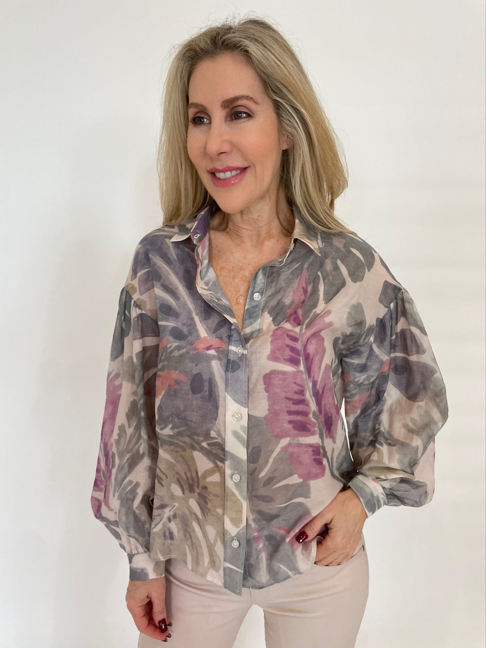 Lola & Sophie Palm Leaf Blouse in Beige available at Barbara Katz