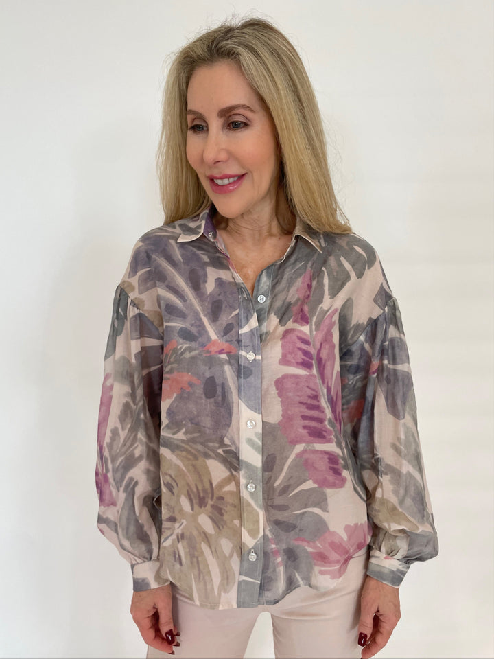 Lola & Sophie Palm Leaf Blouse in Beige available at Barbara Katz