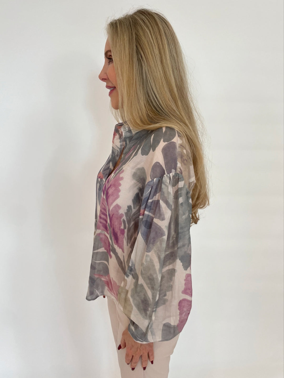 Lola & Sophie Palm Leaf Long Sleeve Blouse in Beige available at Barbara Katz