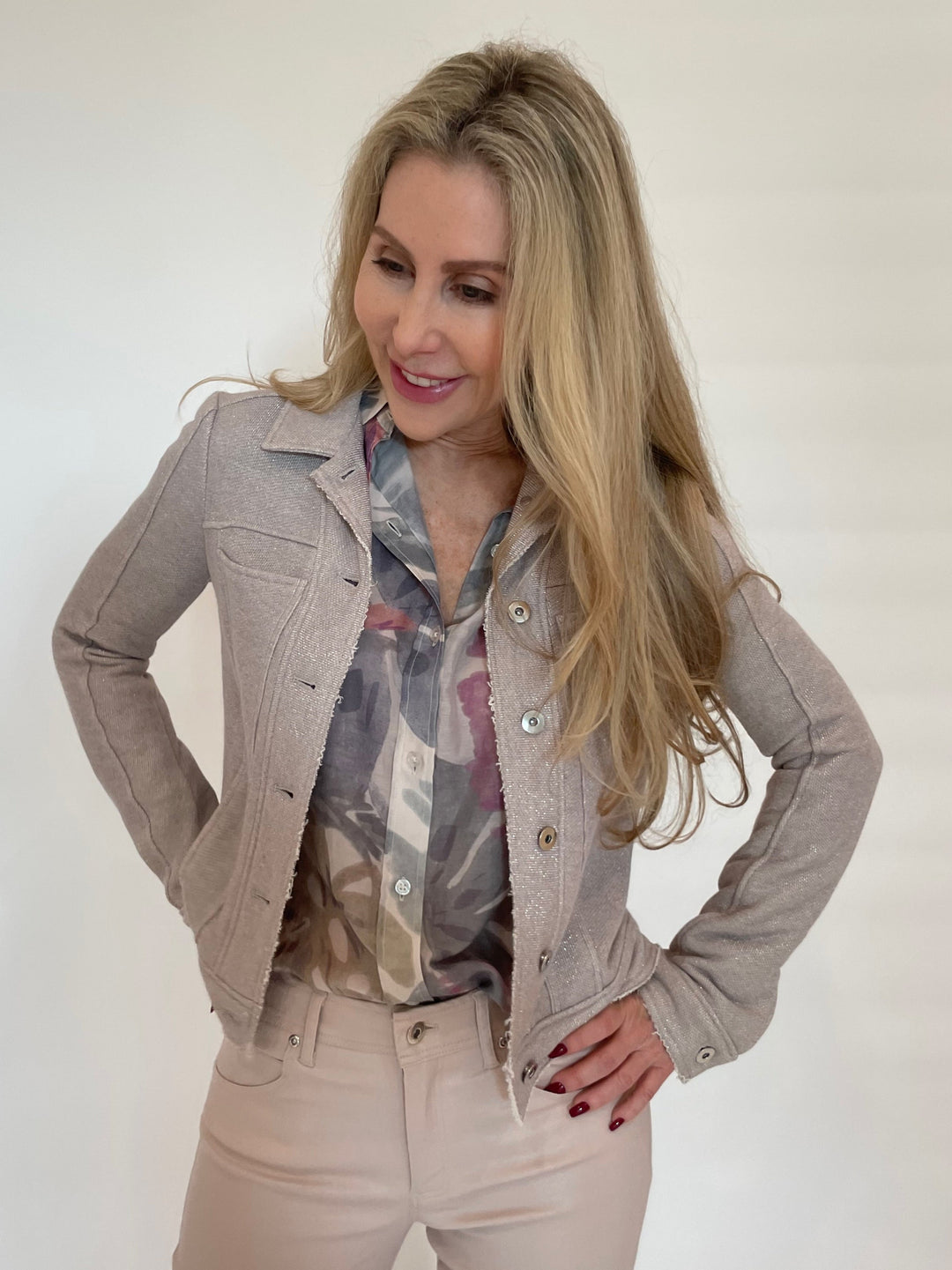 Lola & Sophie Jessie Sparkle French Terry Jacket in Pink with Beige Palm Leaf Blouse underneath ,paired with Lola & Sophie Lizzie Foil Denim Pants in Pink available at Barbara Katz