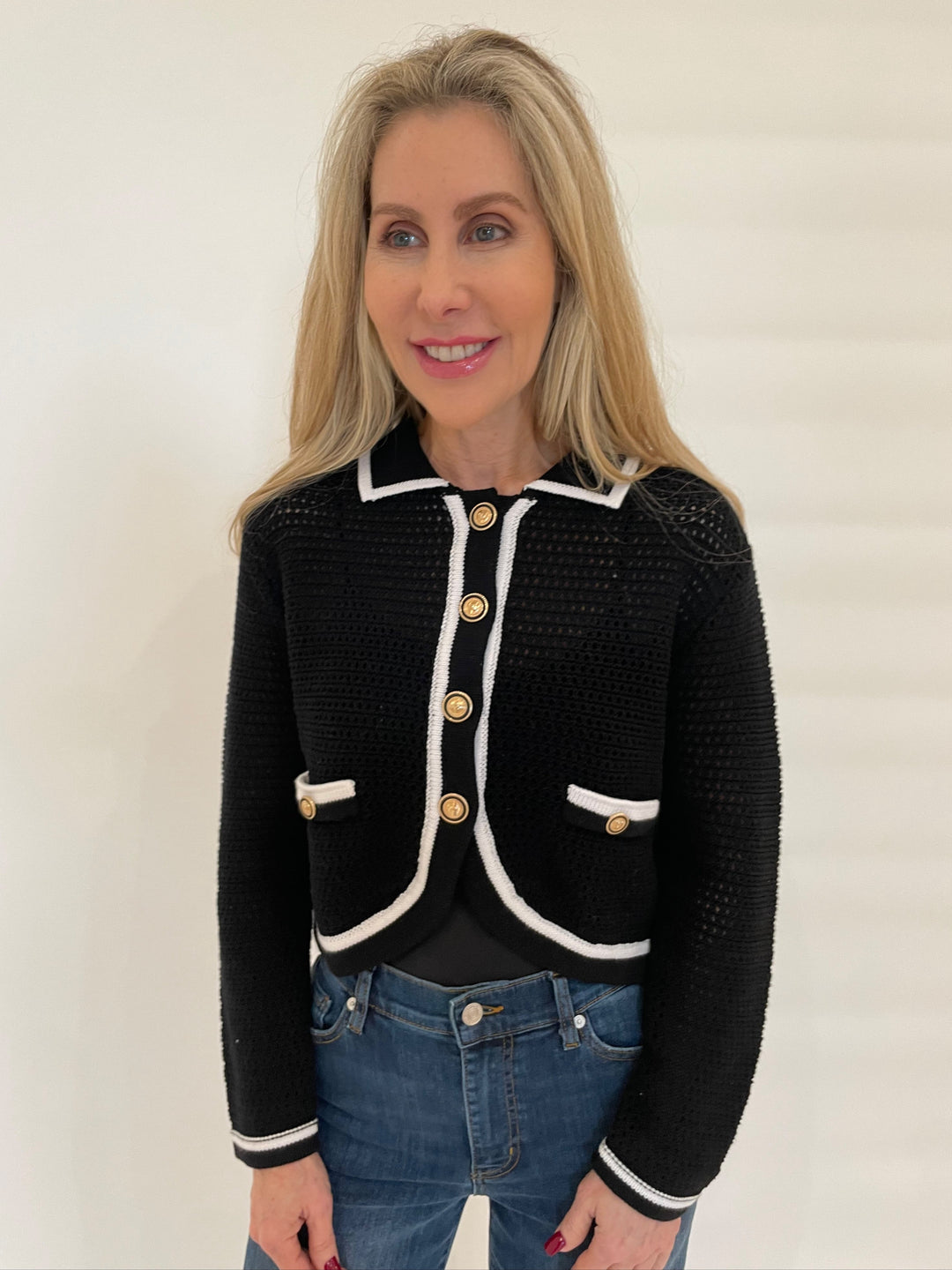 BK Olga Perforated Button Cardigan in Black/White available at Barbara Katz