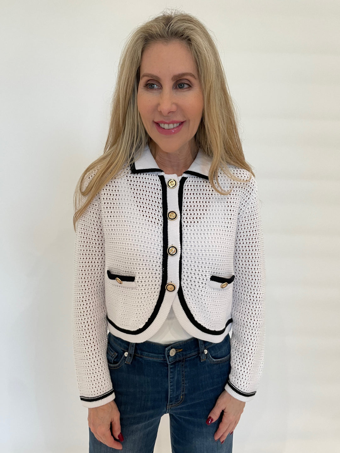 BK Olga Perforated Button Cardigan in White/Black available at Barbara Katz