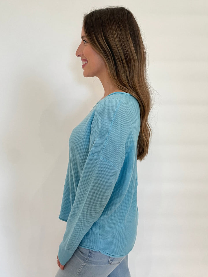 BK Waffle Seam Long Sleeve Sweater in Cabana Blue available at Barbara Katz