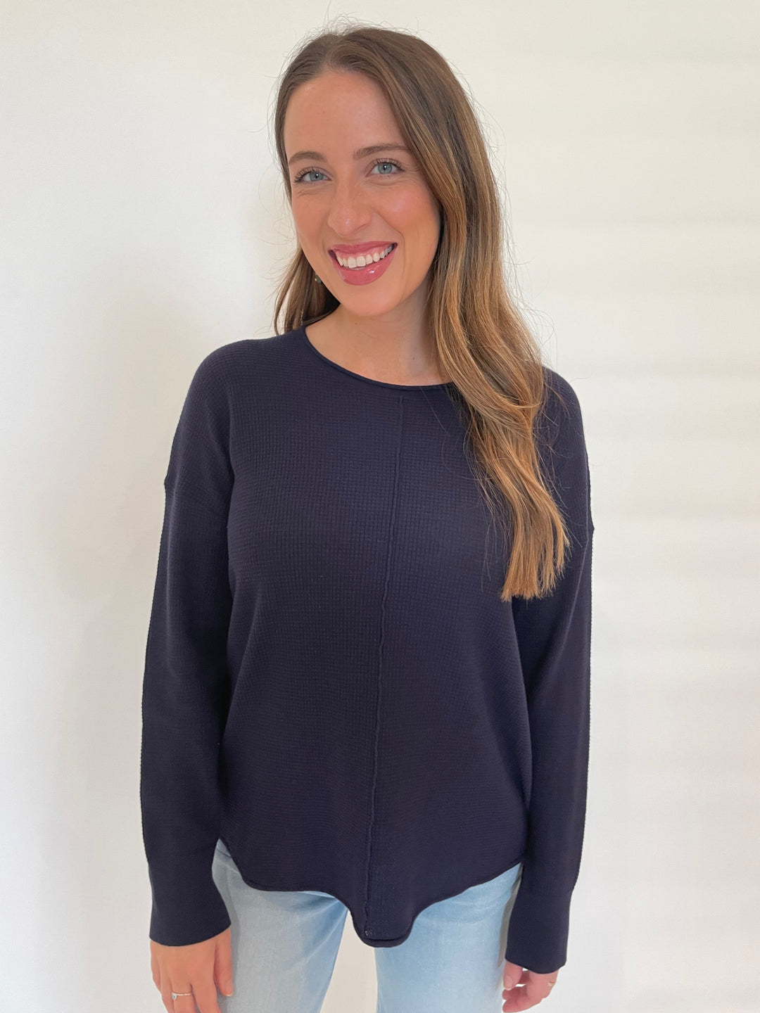 BK Waffle Seam Sweater in Navy available at Barbara Katz