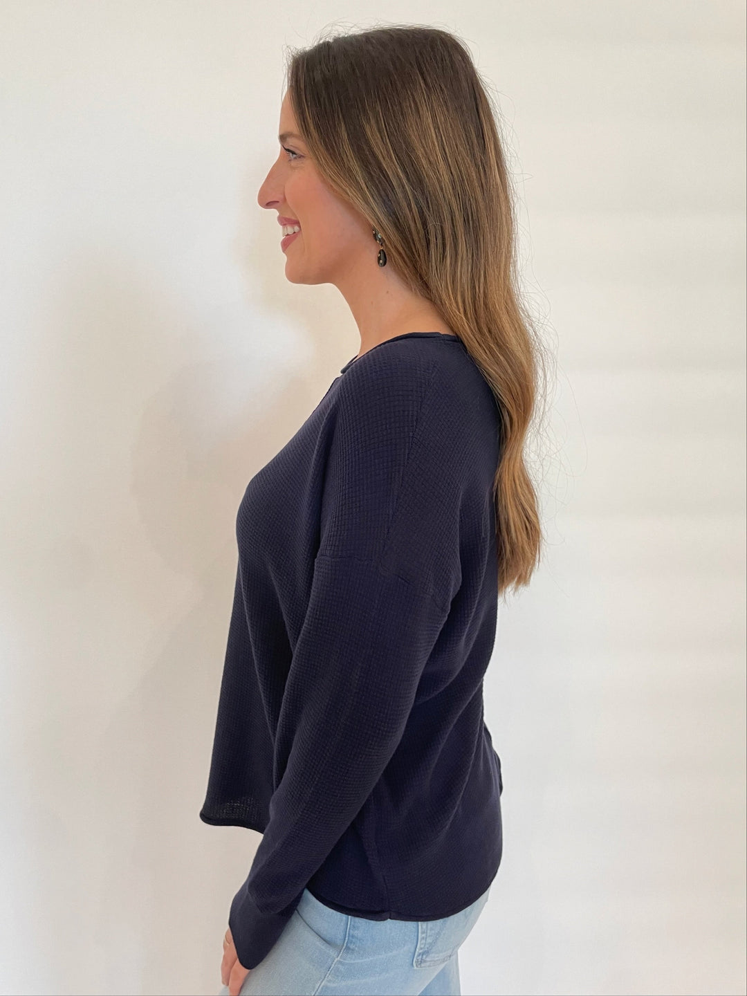 BK Waffle Seam Long Sleeve Sweater in Navy available at Barbara Katz