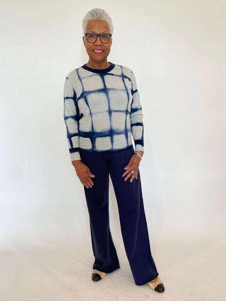 Autumn Cashmere Shibori Plaid Crew Sweater in Navy paired with Goldie Easy Melrose Flare Pants in Navy available at Barbara Katz