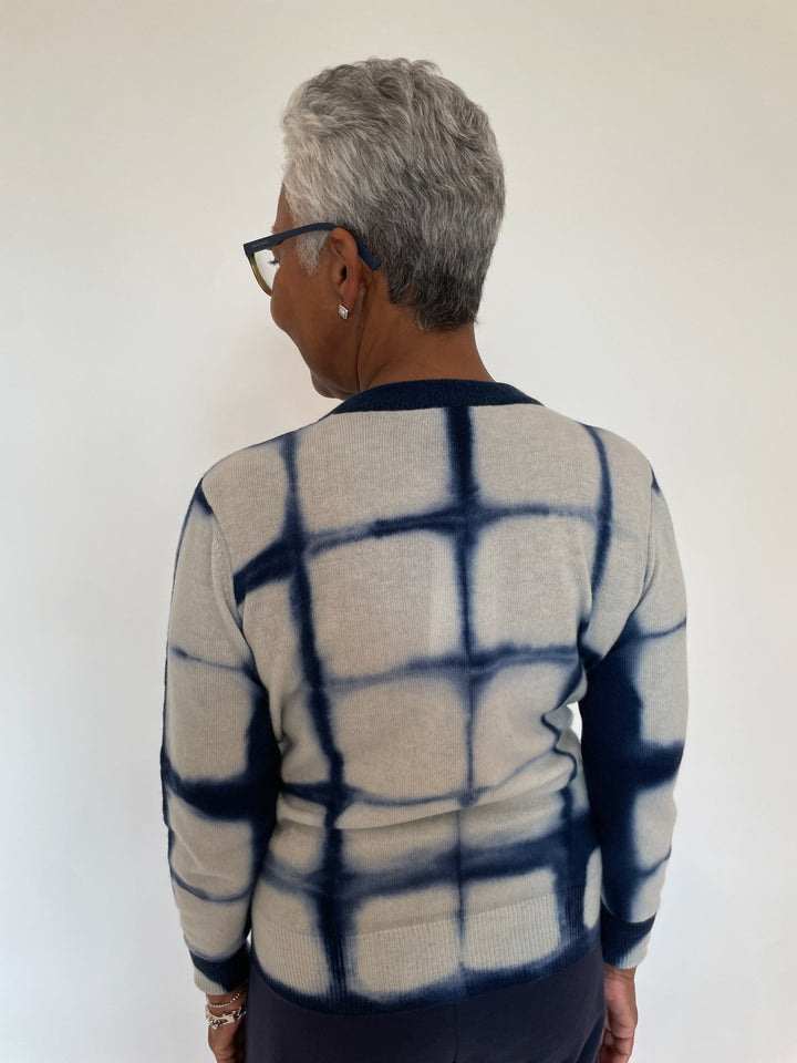 Autumn Cashmere Shibori Plaid Crew Sweater in Navy available at Barbara Katz